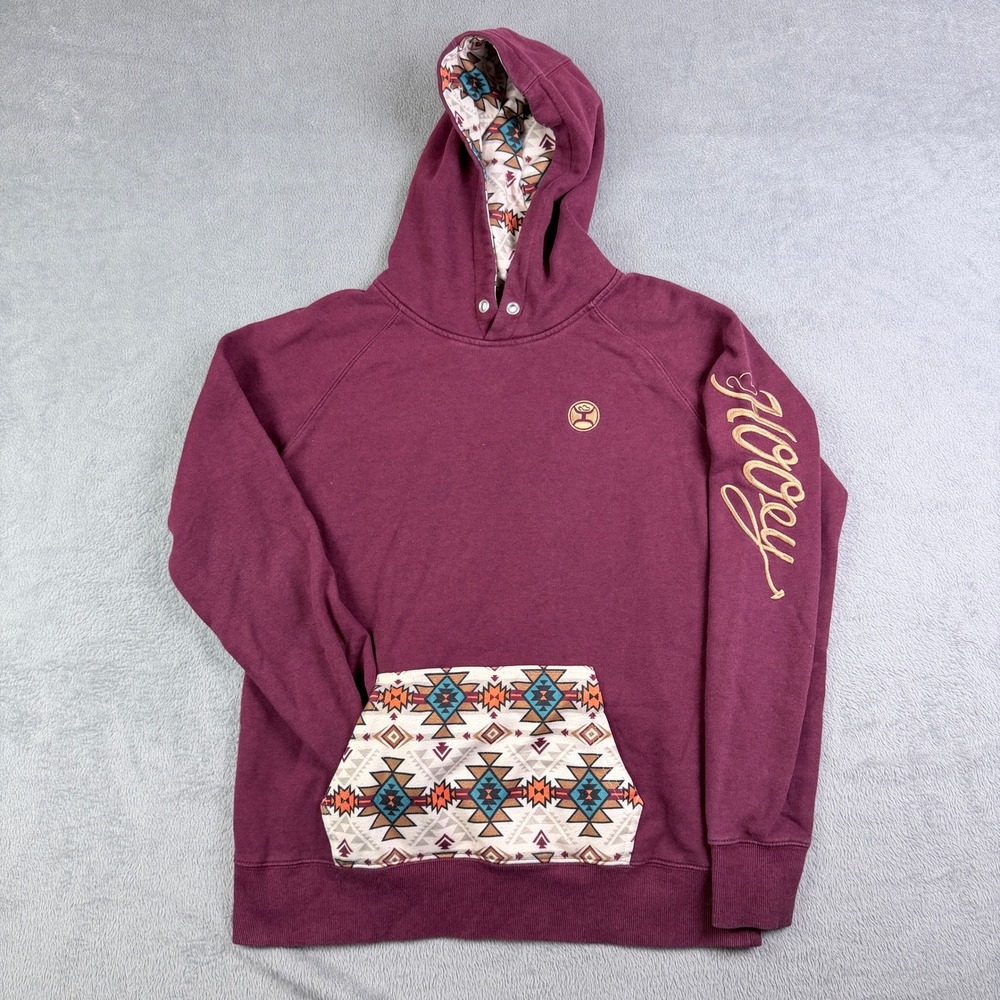 Hooey Burgundy Aztec Print Pocket Pullover Hoodie Womens Fleece Sweatshirt Large